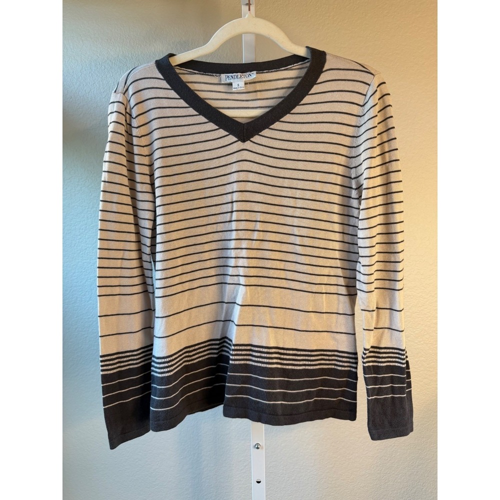 Pendleton Womens V-Neck Striped Sweater Beige Navy Blue Cotton Blend Size S - Picture 2 of 5